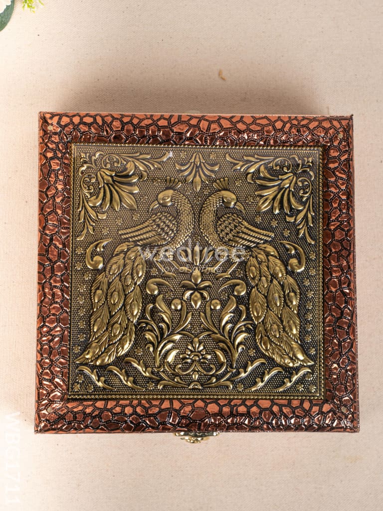 Oxidized Dry Fruit Box Embossed with Peacock - Copper - 8x8 inch - WBG1711