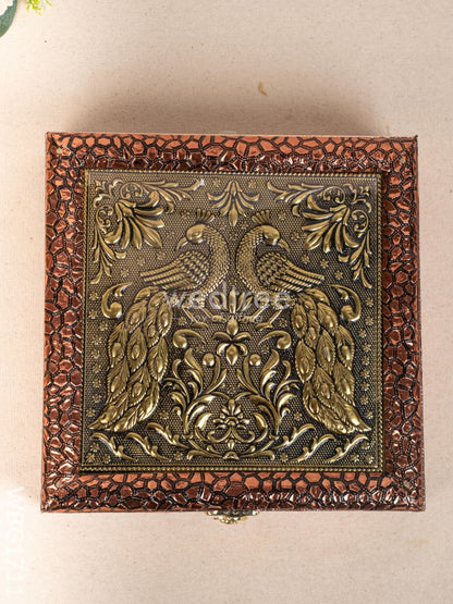 Oxidized Dry Fruit Box Embossed with Peacock - Copper - 8x8 inch - WBG1711