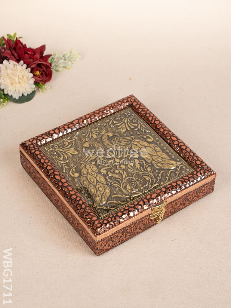 Oxidized Dry Fruit Box Embossed with Peacock - Copper - 8x8 inch - WBG1711