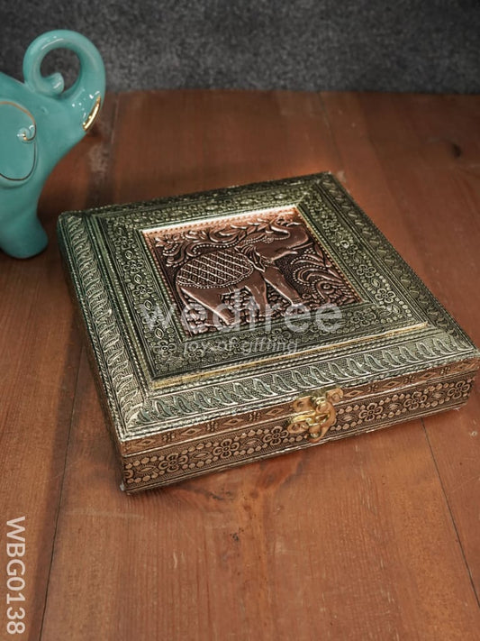 Oxidized Golden and Red Embossed Dry Fruit Box with Elephant and Floral Design - 8X8 Inches - WBG0138