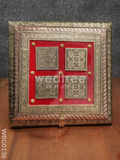 Oxidized Golden and Red Embossed Dry Fruit Box with Floral Design - 10X10 Inches - WBG0136