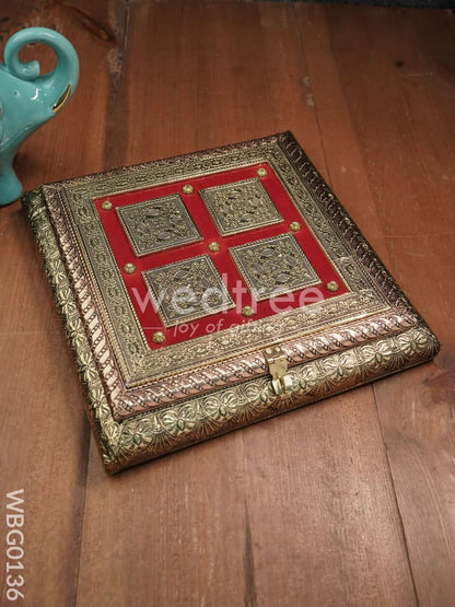 Oxidized Golden and Red Embossed Dry Fruit Box with Floral Design - 10X10 Inches - WBG0136