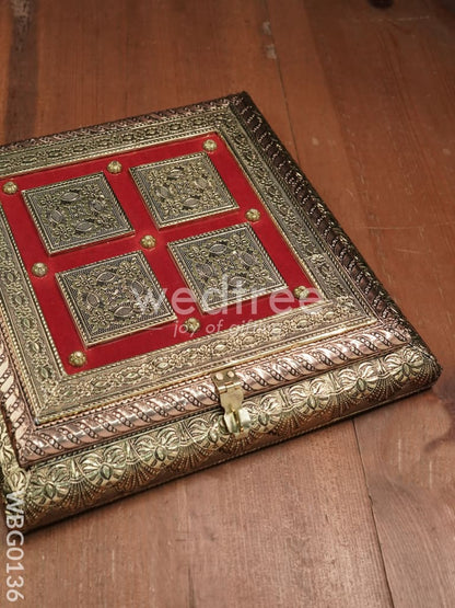 Oxidized Golden and Red Embossed Dry Fruit Box with Floral Design - 10X10 Inches - WBG0136
