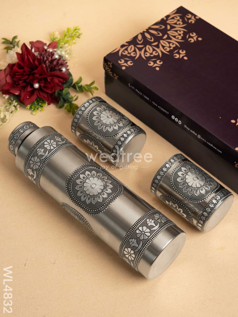 Oxidized Water Bottle with Oxidized Glass - Set of 2 - 10 inch - WL4832