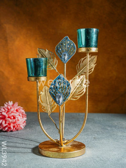 Peacock Feather Stand with 2 Glass T-light Holders - WL3942