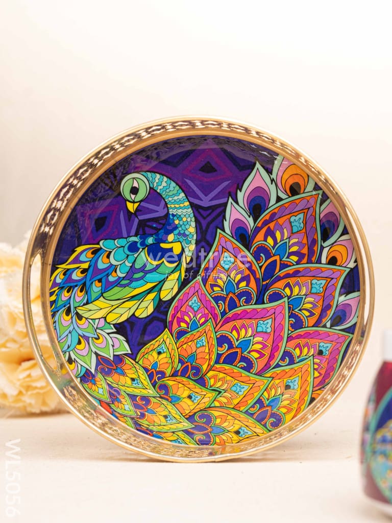 Peacock Themed Metal Tray with Dry Fruit Jar and Diya Set - WL5056 Metal Decor Utility