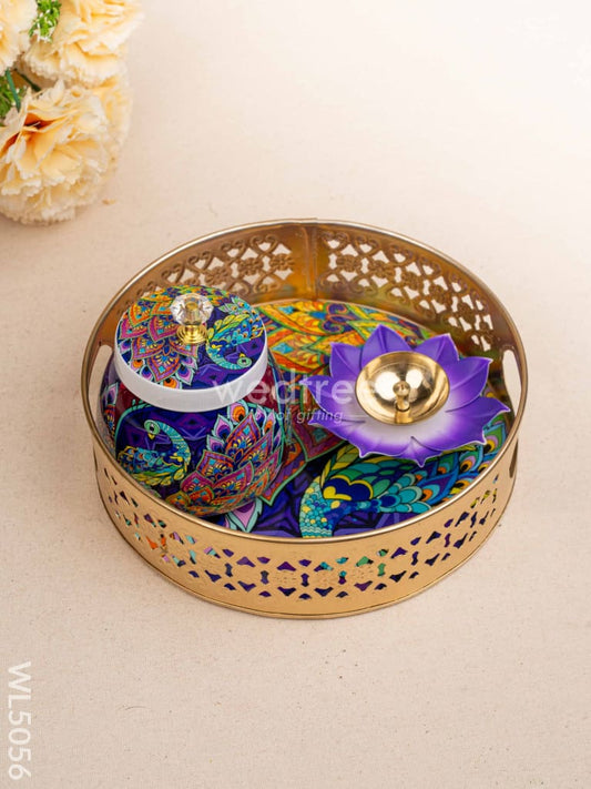Peacock Themed Metal Tray with Dry Fruit Jar and Diya Set - WL5056 Metal Decor Utility