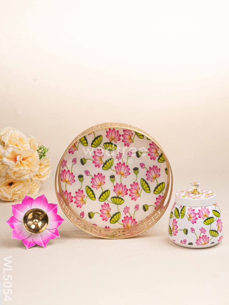 Pichwai Themed Metal Tray with Dry Fruit Jar and Diya Set - WL5054 Metal Decor Utility