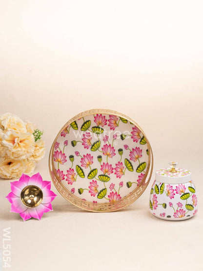 Pichwai Themed Metal Tray with Dry Fruit Jar and Diya Set - WL5054 Metal Decor Utility
