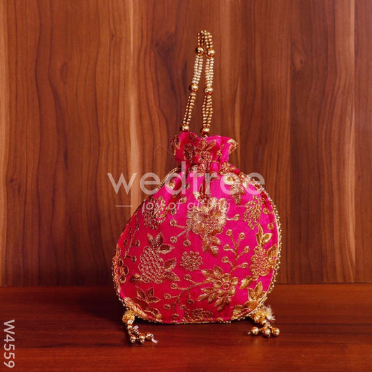 Potli bag raw silk with golden thread embroidery - W4559