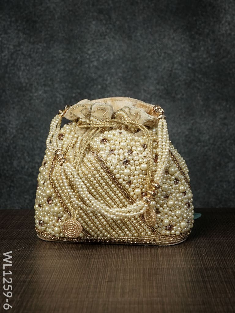 Potli Bag with Full Pearl Beads Rectangular Bottom - WL1259