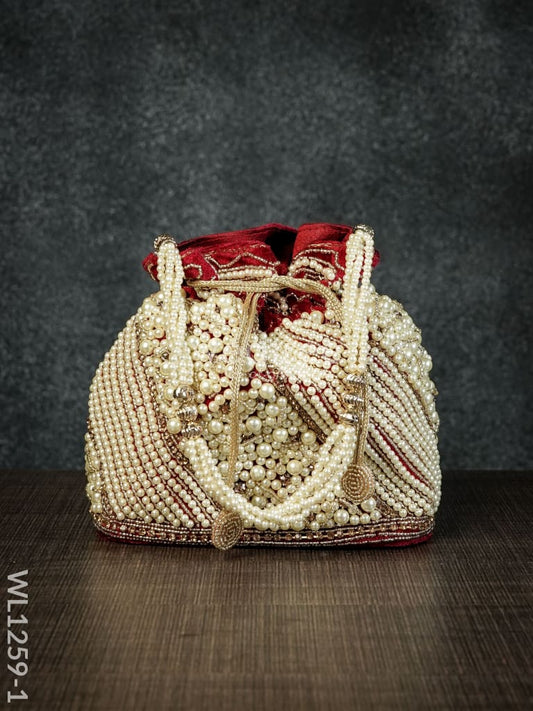 Potli Bag with Full Pearl Beads Rectangular Bottom - WL1259