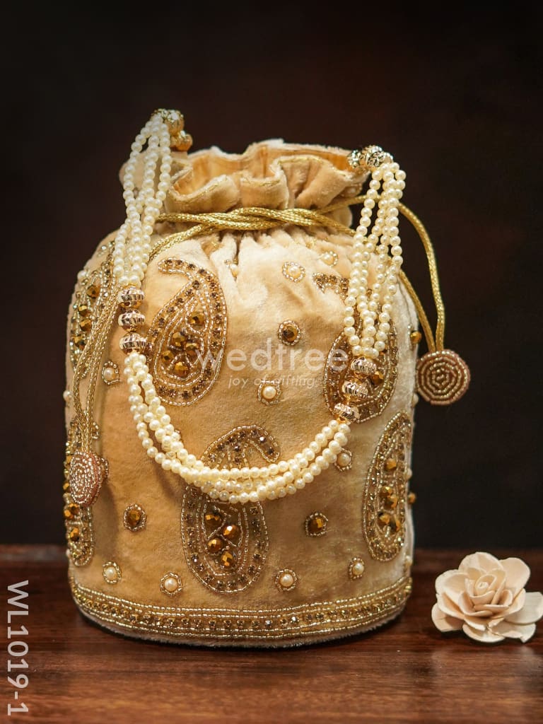 Potli Bag with Mango Design and beaded Crystal work - Cream Colour - WL1019-1