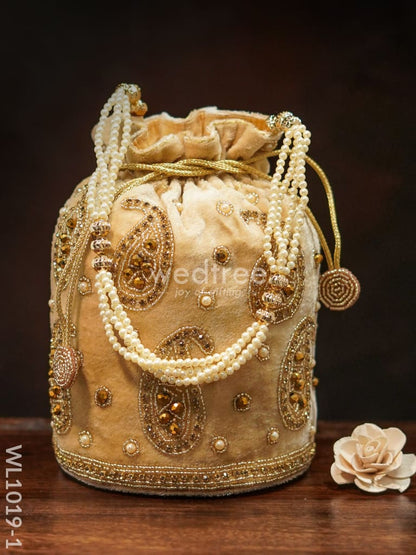 Potli Bag with Mango Design and beaded Crystal work - Cream Colour - WL1019-1