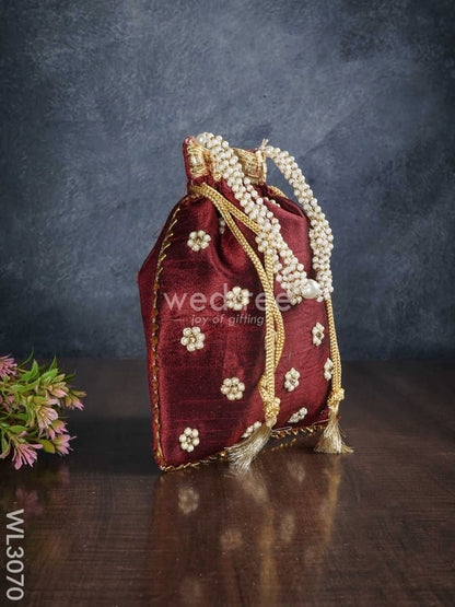Potli Bag with Pearl Handle and Golden Drawstring - WL3070