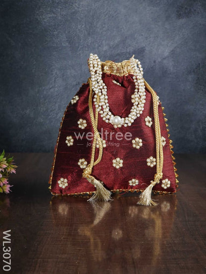 Potli Bag with Pearl Handle and Golden Drawstring - WL3070