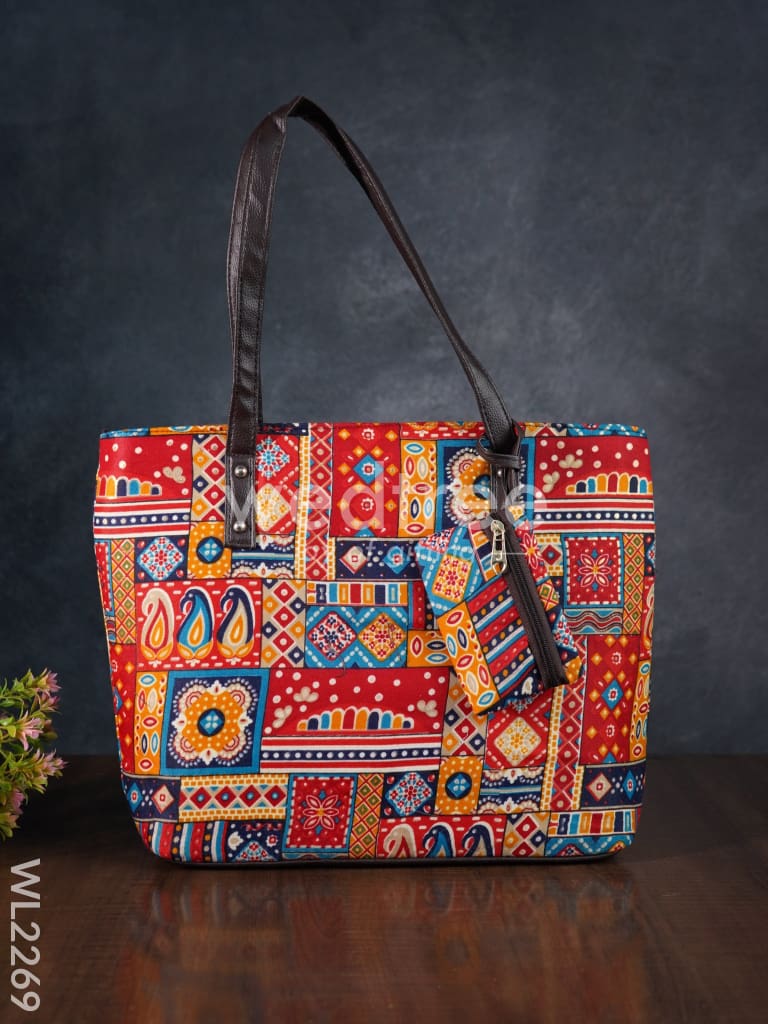 Printed Fabric Handbag - Leather Base - WL2269