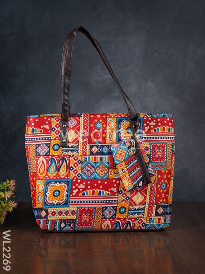 Printed Fabric Handbag - Leather Base - WL2269