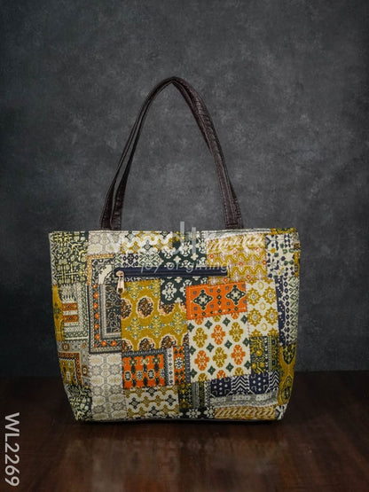 Printed Fabric Handbag - Leather Base - WL2269
