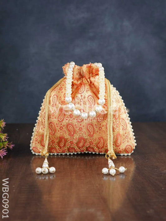Raw Silk Potli Bag with Pearl Handle and Drawstring - WBG0901