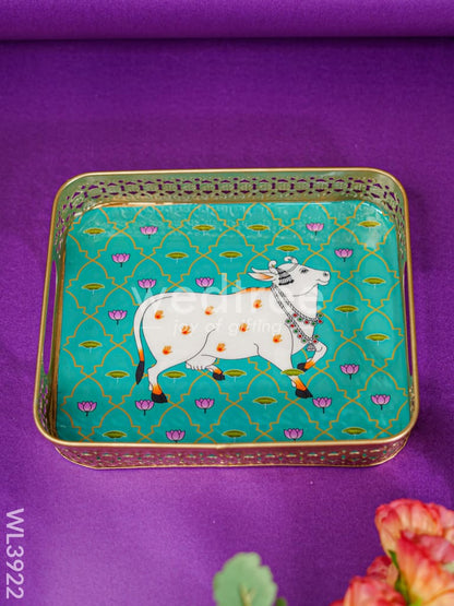 Rectangular Brass Tray with Pichwai Design - Green - WL3922