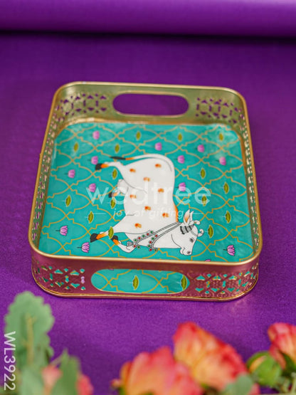Rectangular Brass Tray with Pichwai Design - Green - WL3922