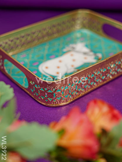 Rectangular Brass Tray with Pichwai Design - Green - WL3922