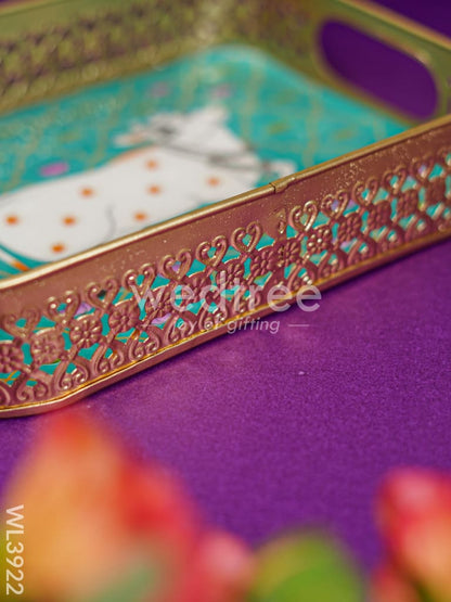 Rectangular Brass Tray with Pichwai Design - Green - WL3922