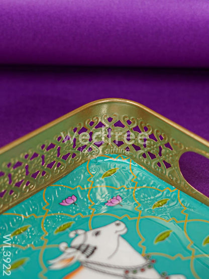 Rectangular Brass Tray with Pichwai Design - Green - WL3922