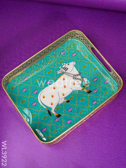Rectangular Brass Tray with Pichwai Design - Green - WL3922