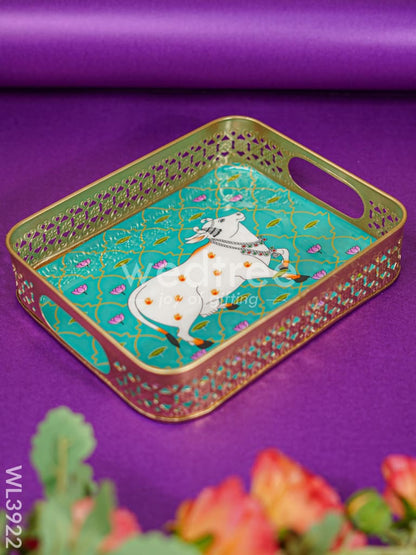 Rectangular Brass Tray with Pichwai Design - Green - WL3922