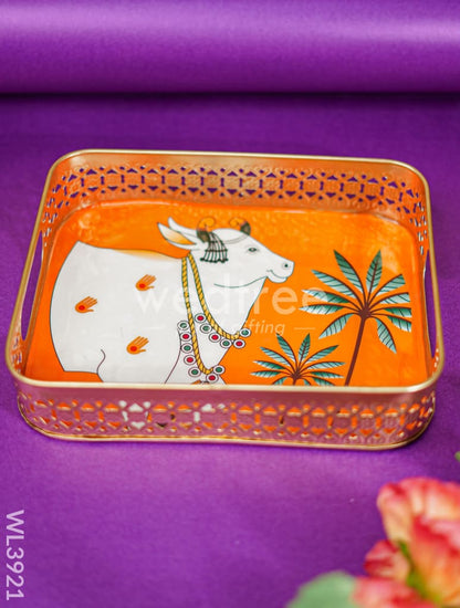 Rectangular Brass Tray with Pichwai Design - Orange - WL3921