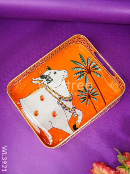 Rectangular Brass Tray with Pichwai Design - Orange - WL3921