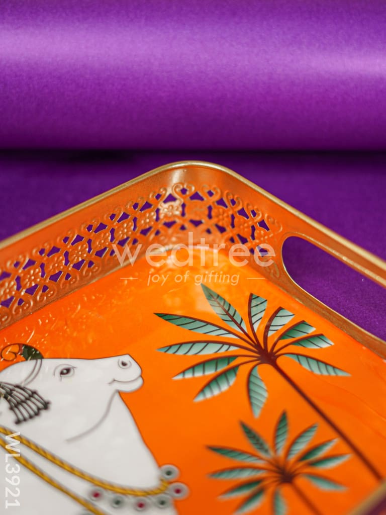 Rectangular Brass Tray with Pichwai Design - Orange - WL3921