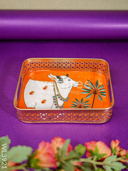 Rectangular Brass Tray with Pichwai Design - Orange - WL3921