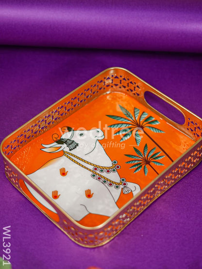 Rectangular Brass Tray with Pichwai Design - Orange - WL3921