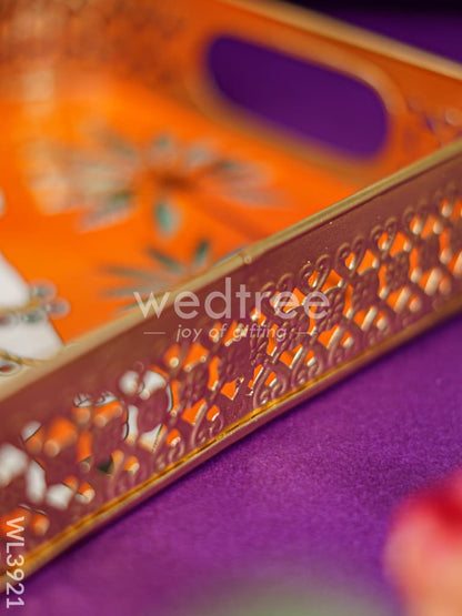 Rectangular Brass Tray with Pichwai Design - Orange - WL3921
