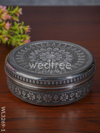 Silver Oxidised Floral Design Poori Box - WL3269