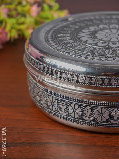 Silver Oxidised Floral Design Poori Box - WL3269