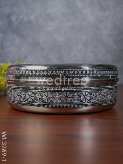 Silver Oxidised Floral Design Poori Box - WL3269