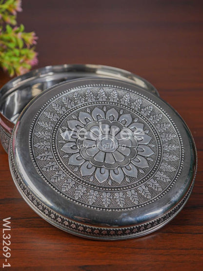 Silver Oxidised Floral Design Poori Box - WL3269