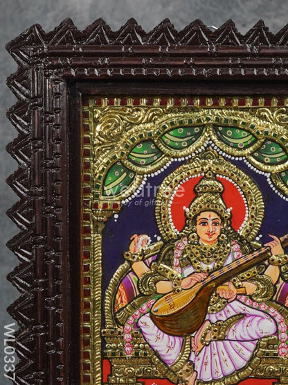 Tanjore Painting (Chettinad Frame) - Saraswathi - Flat (Gold Foil) - 10x8 inch - WL0337