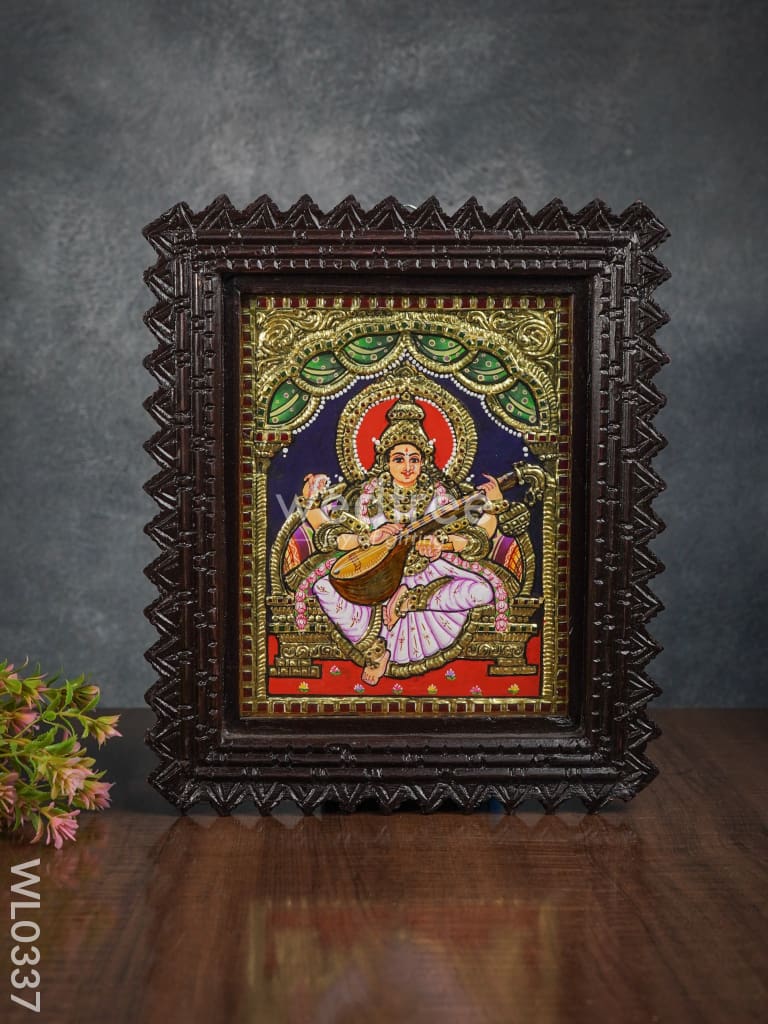 Tanjore Painting (Chettinad Frame) - Saraswathi - Flat (Gold Foil) - 10x8 inch - WL0337