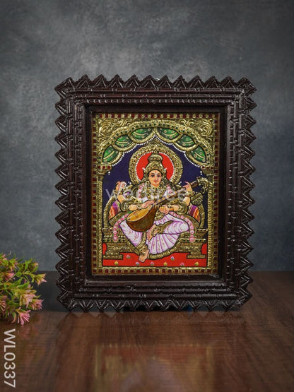 Tanjore Painting (Chettinad Frame) - Saraswathi - Flat (Gold Foil) - 10x8 inch - WL0337