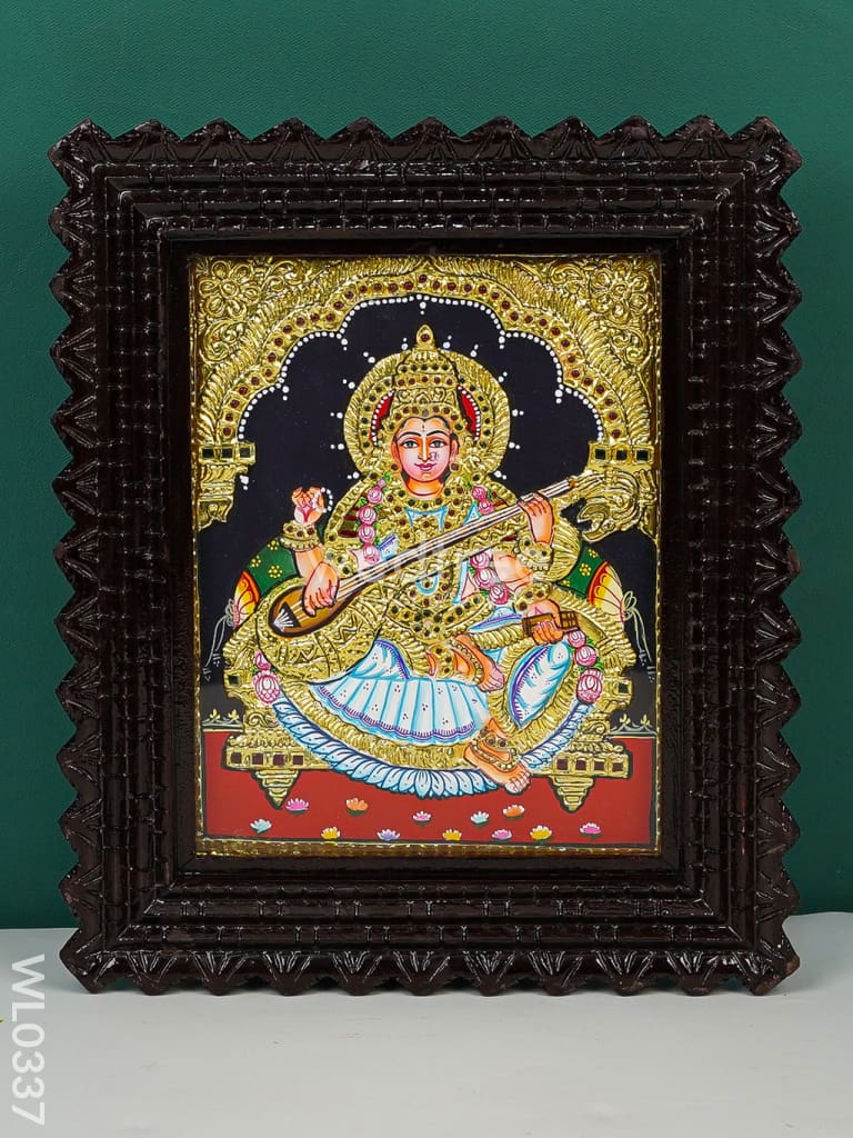 Tanjore Painting (Chettinad Frame) - Saraswathi - Flat (Gold Foil) - 10x8 inch - WL0337