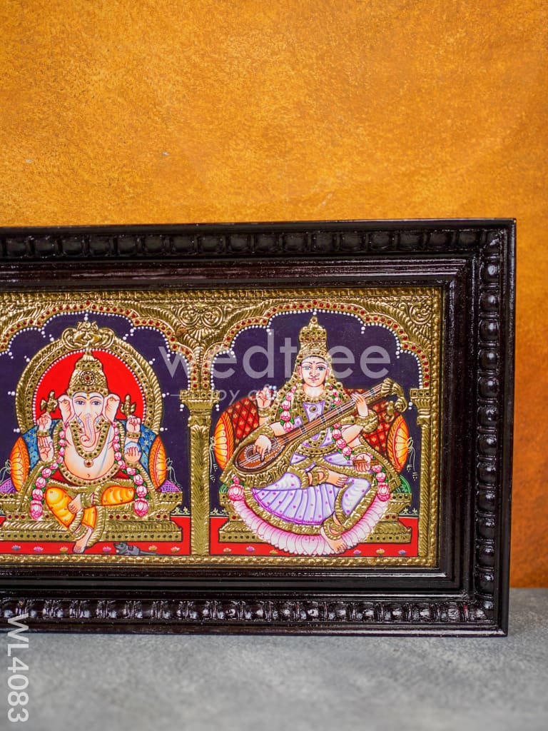 Tanjore Painting - Gajalakshmi-Ganesha-Saraswathi 24 x 10 inch - Flat [Gold Foil] - WL4083