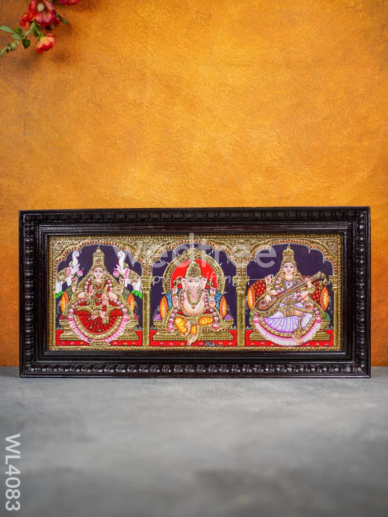 Tanjore Painting - Gajalakshmi-Ganesha-Saraswathi 24 x 10 inch - Flat [Gold Foil] - WL4083