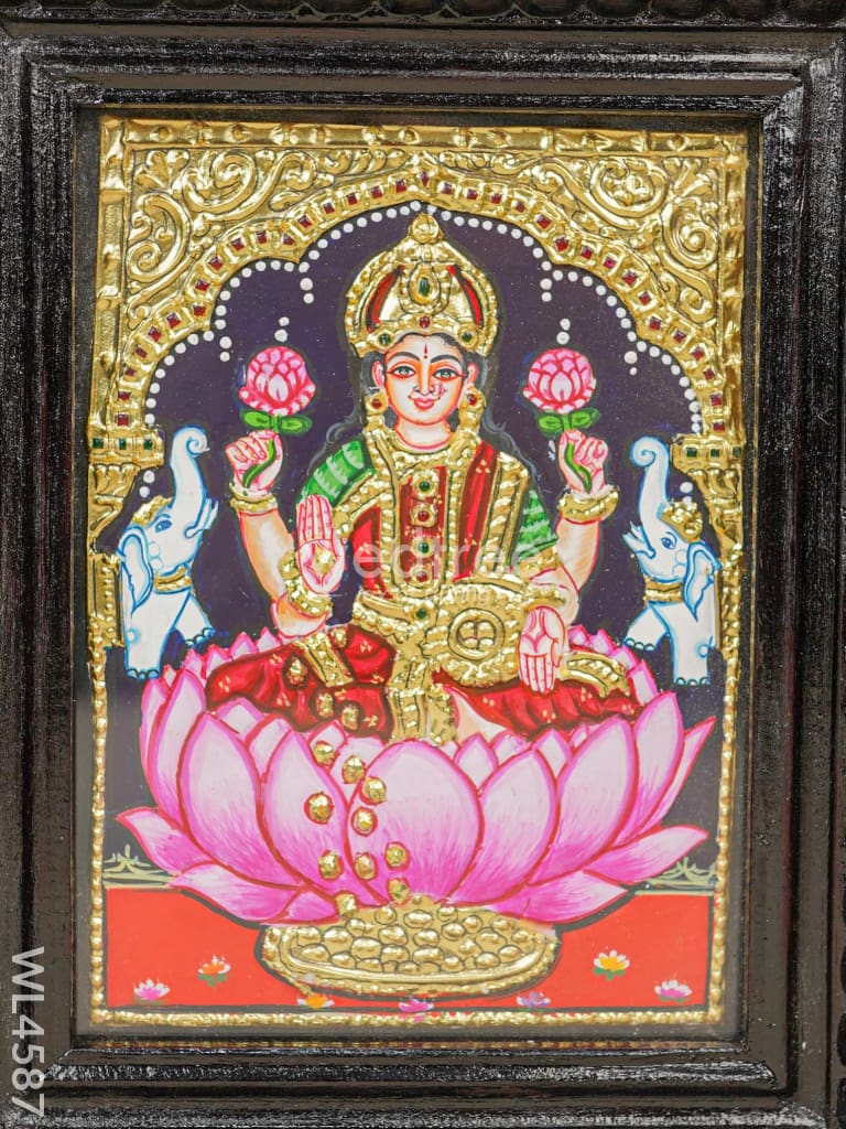 Tanjore Painting - Gajalakshmi on Lotus - Flat (Gold Foil) - 8x6 inch - WL4587