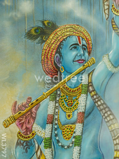 Tanjore Painting Govardhan Giri Krishna - Flat (Gold foil) - 4x3ft - WL3797