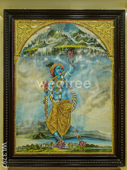 Tanjore Painting Govardhan Giri Krishna - Flat (Gold foil) - 4x3ft - WL3797
